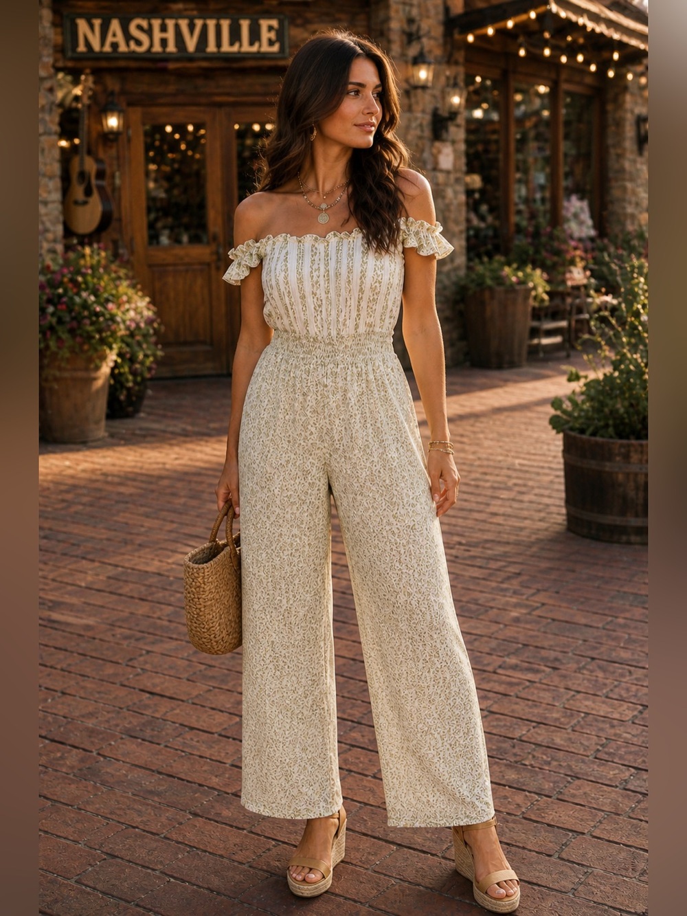 Cream Lace Convertible On/Off Shoulder Wide Leg Jumpsuit Size Large